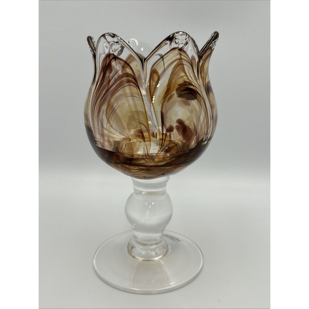 MURANO Italy Hand Blown White Cristal Light Amber Art Glass Petal Vase Bowl